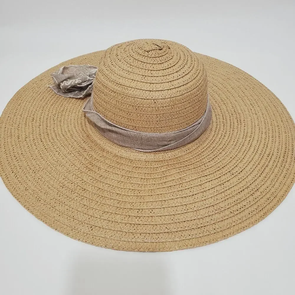 Floppy Brim Straw Paper Hat with Fabric Sash Tie Bow